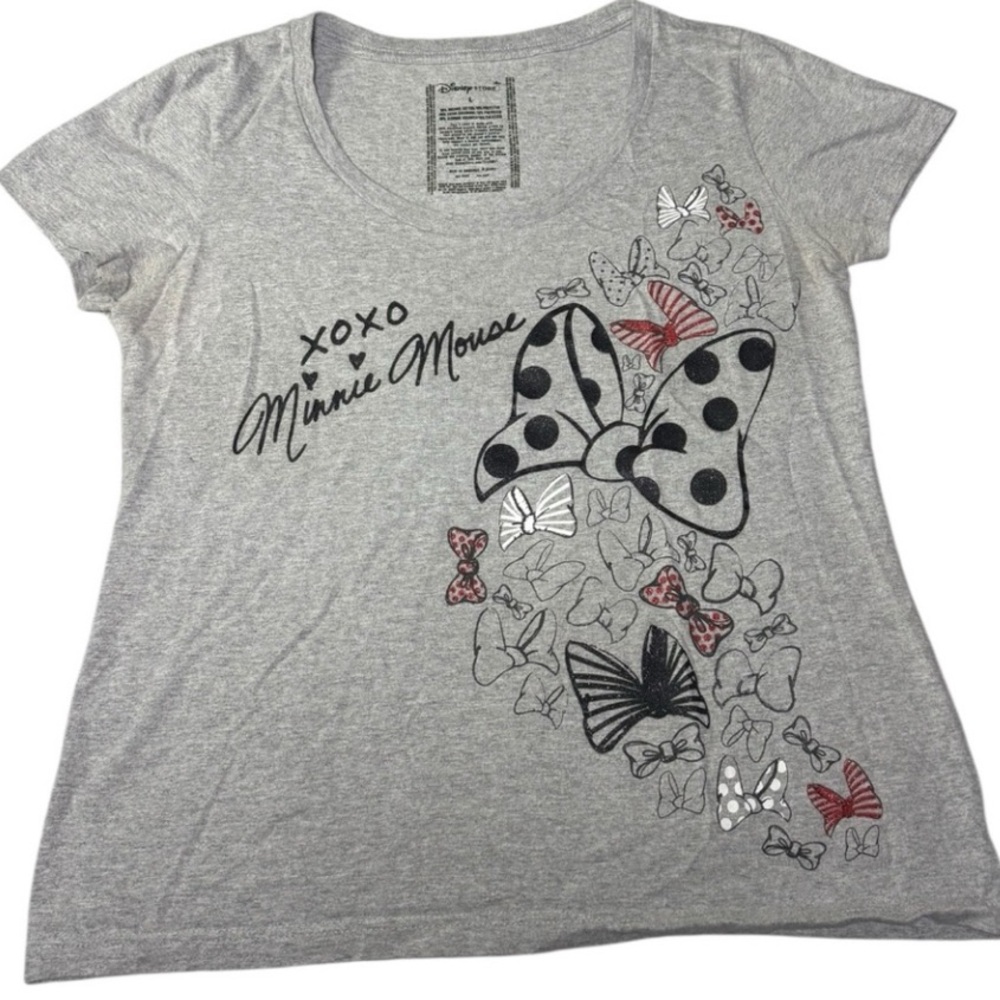 Disney Minnie Mouse Glitter Bows Graphic Tee Gray Size Large